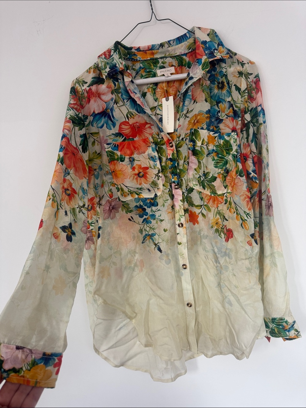 Pilcro Floral Sheer Button-Down Blouse - Cream with Multicolor Blooms